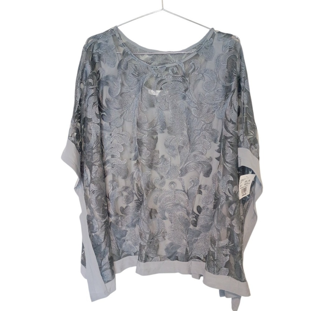 Oleg Cassini Mystic Grey Embroidered Cape Pan Mesh Sheer Top Plus Size 14 NEW - Picture 3 of 13